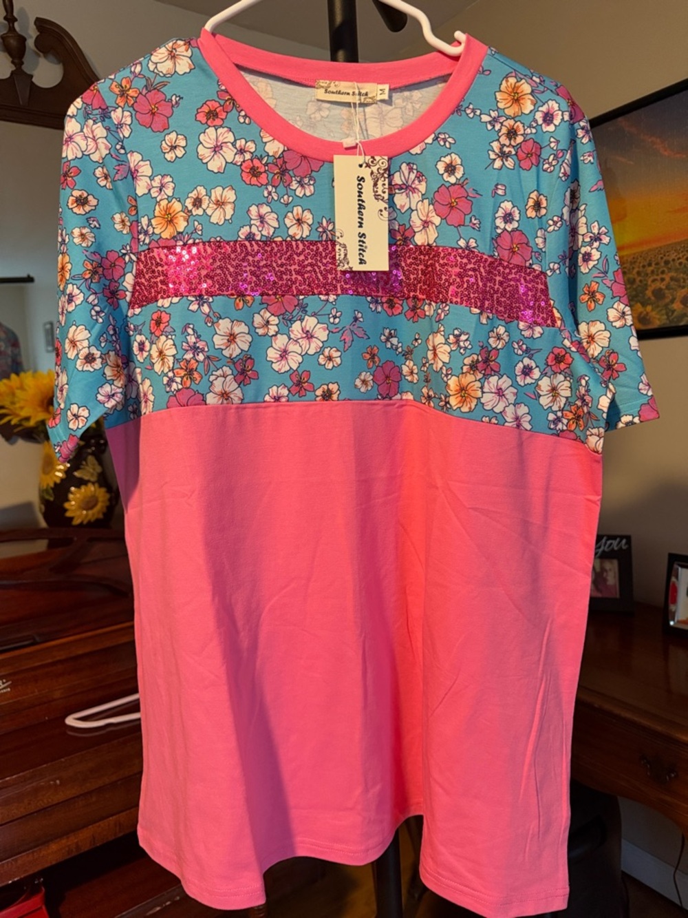 Southern Stitches Pink & Turquoise Floral Short-Sleeve Sequin Tee